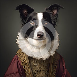 Realistic lifelike border collie dog puppy in renaissance regal medieval noble royal outfits