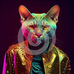 Realistic lifelike cat kitty kitten in fluorescent electric highlighters ultra-bright neon. 80s Era comeback. Generative AI