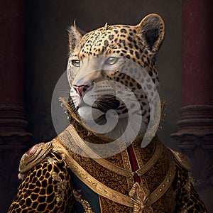 Realistic lifelike cheetah in renaissance regal medieval noble royal outfits, commercial, editorial advertisement