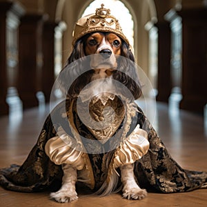 Realistic lifelike English cocker spaniel dog puppy in renaissance regal medieval noble royal outfits