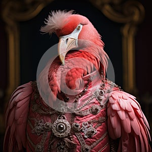 Realistic lifelike flamingo bird in renaissance regal medieval noble royal outfits