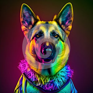 Realistic lifelike German Shepherd dog puppy in fluorescent electric highlighters ultra-bright neon outfits