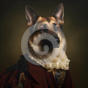 Realistic lifelike German Shepherd dog puppy in renaissance regal medieval noble royal outfits