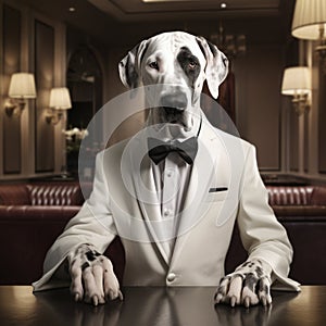 Realistic lifelike Great Dane dog puppy in dapper high end luxury formal suit and shirt
