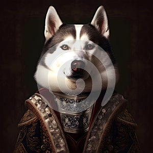 Realistic lifelike Husky dog puppy in renaissance regal medieval noble royal outfits