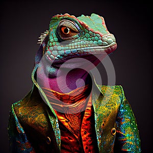 Realistic lifelike lizard in fluorescent electric highlighters ultra-bright neon outfits, 80s Era comeback. Generative AI