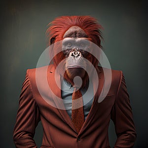 Realistic lifelike orangutan in dapper high end luxury formal suit and shirt, commercial