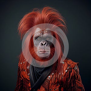 Realistic lifelike orangutang in punk rock rockstar leather outfits, surreal surrealism. generative ai