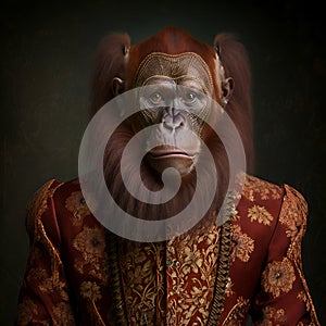 Realistic lifelike orangutang in renaissance regal medieval noble royal outfits, commercial, editorial advertisement