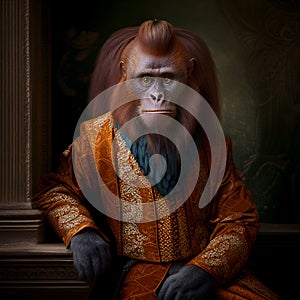 Realistic lifelike orangutang in renaissance regal medieval noble royal outfits, commercial, editorial advertisement