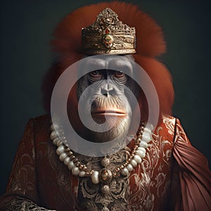 Realistic lifelike orangutang in renaissance regal medieval noble royal outfits, commercial, editorial advertisement