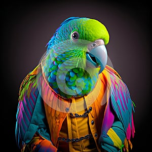 Realistic lifelike parrot bird in fluorescent electric highlighters ultra-bright neon outfits