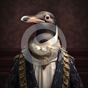 Realistic lifelike Penguin bird in renaissance regal medieval noble royal outfits