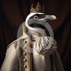 Realistic lifelike Penguin bird in renaissance regal medieval noble royal outfits