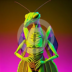 Realistic lifelike praying mantis fluorescent electric highlighters ultra-bright neon. Generative AI