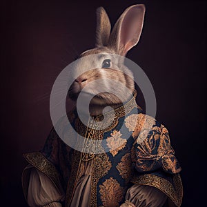 Realistic lifelike rabbit bunny in renaissance regal medieval noble royal outfits. 18th-century historical. Generative AI