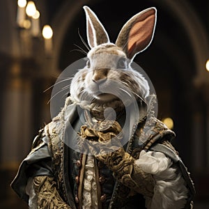 Realistic lifelike rabbit hare bunny in renaissance regal medieval noble royal outfits