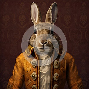 Realistic lifelike rabbit hare bunny in renaissance regal medieval noble royal outfits, historical. Generative AI