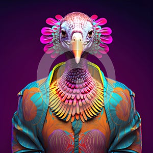 Realistic lifelike turkey bird in fluorescent electric highlighters ultra-bright neon outfits