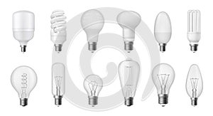 Realistic light bulb. Different types of energy efficient, fluorescent, halogen, incandescent and LED bulbs symbols