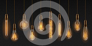 Realistic light bulb. Electric incandescent lamps, interior decoration elements, glowing light bulbs hanging on wire