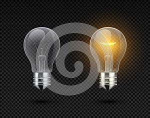 Realistic light bulb. Glowing yellow and white incandescent filament lamps, electricity on and of template. Vector light photo