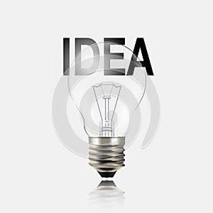 Realistic light bulb with idea text illustration.Business concept of Problem resolved, Communication success, Creative idea