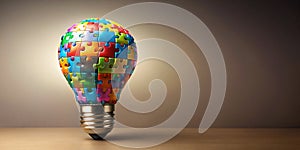 Realistic light bulb made of colorful puzzle pieces on soft solid colored background Generative AI photo