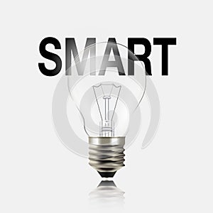 Realistic light bulb with smart text illustration.Business concept of Problem resolved, Communication success, Creative idea