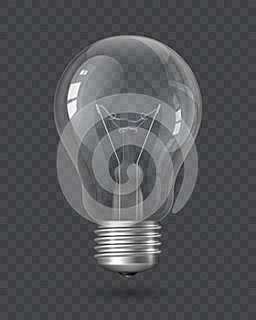Realistic Light Bulb with transparency isolated on a checkered background. Incandescent Lamp, Glass Lamp object. Design element,