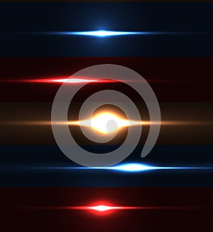 Realistic light glare sparkle, highlight set. Collection of beautiful bright lens flares.