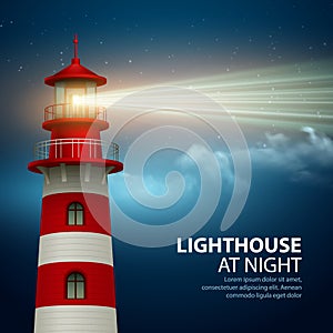 Realistic lighthouse in the night sky background. Vector illustration