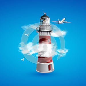 Realistic lighthouse in the night sky background. Vector illustration EPS10. The light effect of a lighthouse isolated