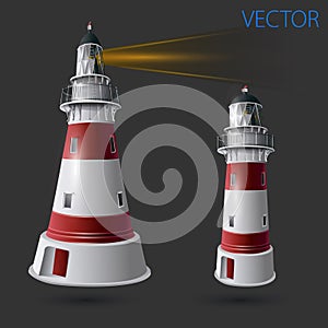 Realistic lighthouse in the night sky background. Vector illustration EPS10. The light effect of a lighthouse isolated