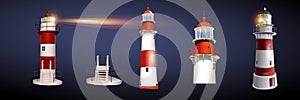 Realistic lighthouse in the night sky background. Vector illustration EPS10. The light effect of a lighthouse isolated