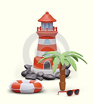 Realistic lighthouse on rocky shore, palm tree, lifebuoy, sunglasses