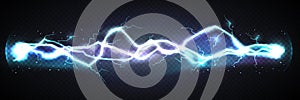 Realistic lightning bolt powerful discharge on dark background. Electric wave from side to side. Thunder shock effect