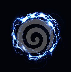 Realistic lightning ring, energy ball, magic sphere, blue color plasma on dark background. Isolated vector illustration