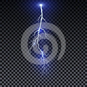 Realistic lightning. Thunder spark light on transparent background. Illuminated realistic path of thunder and many