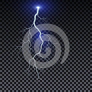 Realistic lightning. Thunder spark light on transparent background. Illuminated realistic path of thunder and many