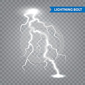 Realistic lightning on transparent background. Thunderstorm and lightning bolt. Sparks of light. Stormy weather effect