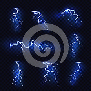 Realistic lightnings. Blitz lightning thunder light sparks storm flash thunderstorm. Power energy charge thunder shock photo