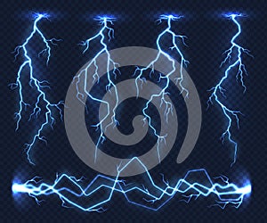 Realistic lightnings. Electricity thunder light storm flash thunderstorm in cloud. Nature power energy charge, thunder