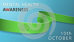 Realistic lime green ribbon. Awareness mental health month poster. Vector illustration. World mental health day photo
