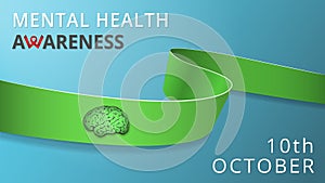 Realistic lime green ribbon. Awareness mental health month poster. Vector illustration. World mental health day photo