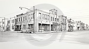 Realistic Line Drawing Of Distressed Inner-city Commercial Corridor