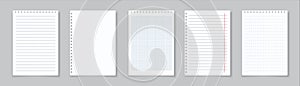Realistic lined notepapers. Blank gridded notebook papers for homework and exercises. Vector paper sheets with lines and