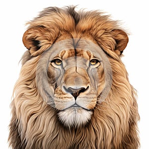 Realistic Lion Portrait On White Background - Detailed 8k Illustration
