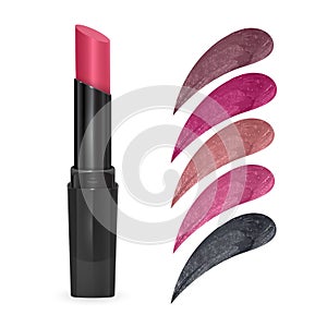 Realistic lipstick with collection of strokes of lipsticks various colors isolated on light background, Premium cosmetic product
