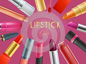 Realistic lipstick color pattern banner, countenance makeup cosmetic vector illustration. Pomade, eye shadow and photo